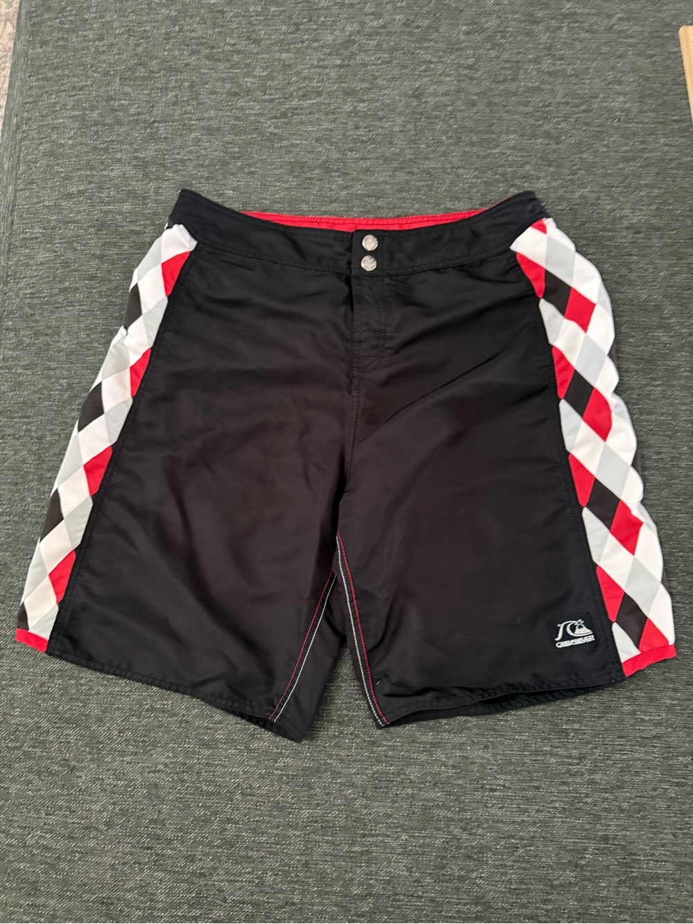 Retro vintage Quiksilver Black Board Shorts with Red & White Diamond Panels Med